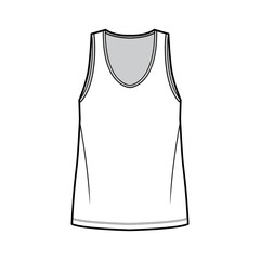 Canvas Print - Tank top technical fashion illustration with oversized body, bonded deep V-neckline, sleeveless. Flat shirt apparel template front, white color. Women, men unisex CAD mockup