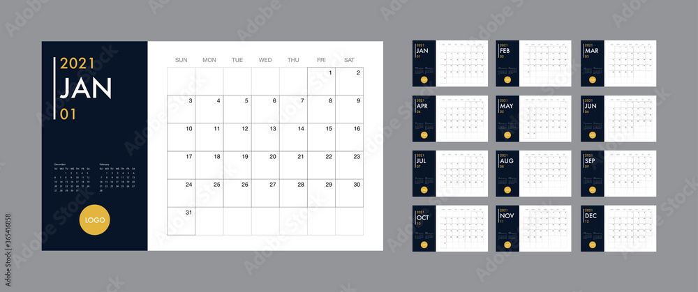 Calendar 2021 template planner vector diary in a minimalist style - obrazy, fototapety, plakaty 