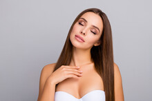 Close-up Portrait Of Her She Nice-looking Attractive Lovely Shine Gorgeous Dreamy Straight-haired Girl Wearing Bra Aesthetic Salon Procedure Isolated Over Gray Pastel Color Background