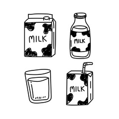 Wall Mural - Set of milk with different package vector draw in doodle style isolated on white background 