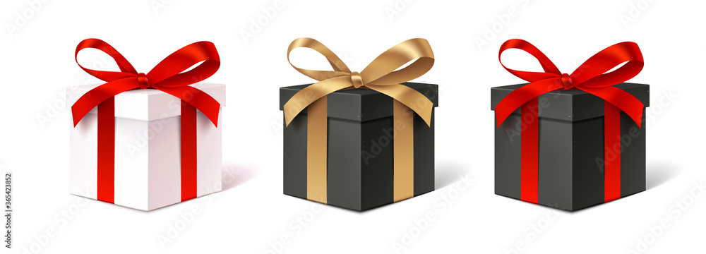 Set of decorative gift boxes isolated on white. Holiday decoration. Black friday sale collection. - obrazy, fototapety, plakaty 