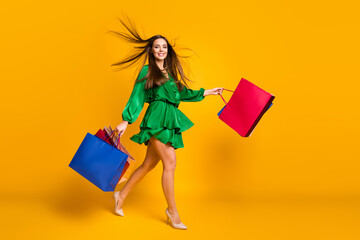 full length body size view of nice attractive fashionable cheerful straight-haired girl carrying new