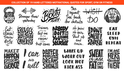 set of 19 motivational and inspirational lettering gym or fitness quotes for posters, decoration, pr
