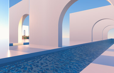 Poster - Abstract scene with geometrical forms, arch with swimming pool in natural day light. minimal 3d landscape background. 