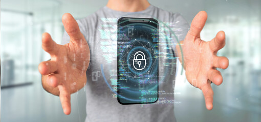 Poster - Businessman holding Security data and smartphone security - 3d rendering