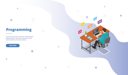 Programing man sitting chair work on laptop campaign for web website home homepage landing template banner with isometric cartoon style