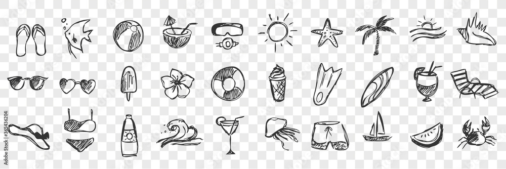 Hand drawn summer symbols doodle set - obrazy, fototapety, plakaty 