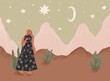 © Monica - Single woman in desert landscape, earthy neutral illustration, boho style , celestial girl wall art, desert landscape, moon and stars