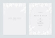 Floral wedding invitation card template design, hand drawn white leaves on bright grey