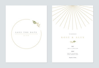 Minimalist floral wedding invitation card template design, hand drawn leaves with line graphics on white