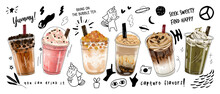 Bubble Milk Tea Special Promotions Design, Boba Milk Tea, Pearl Milk Tea , Yummy Drinks, Coffees And Soft Drinks With Logo And Doodle Style Advertisement Banner. Vector Illustration.