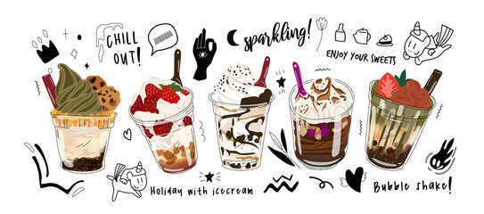 Bubble milk tea Special Promotions design, Boba milk tea, Pearl milk tea , Yummy drinks, coffees and soft drinks with logo and doodle style advertisement banner. Vector illustration.