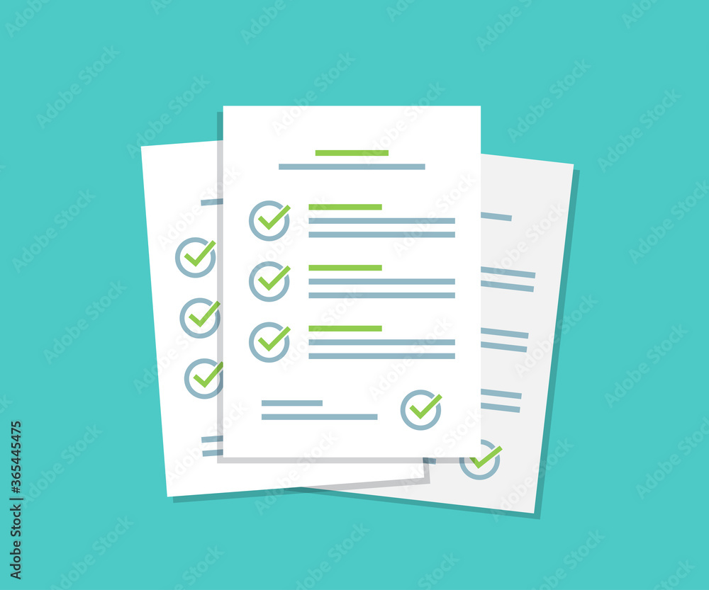 Document checklist paper sheets pile with tick in a flat design - obrazy, fototapety, plakaty 