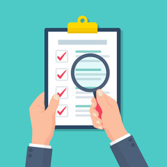 Fototapete - Businessman holding held magnifier on clipboard with audit document in a flat design