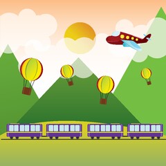 Poster - train, hot air balloon and plane