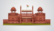 Red Fort In New Dehli, India. Stylish Historic Sight Showplace Attraction  Vector Illustration.World Heritage Site.