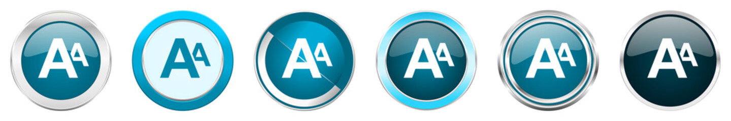 Fototapete - Alphabet silver metallic chrome border icons in 6 options, set of web blue round buttons isolated on white background