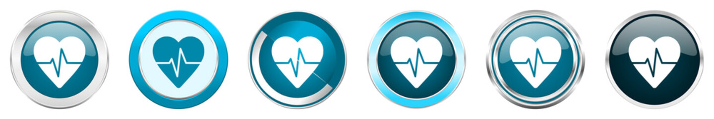 Aufkleber - Pulse silver metallic chrome border icons in 6 options, set of web blue round buttons isolated on white background