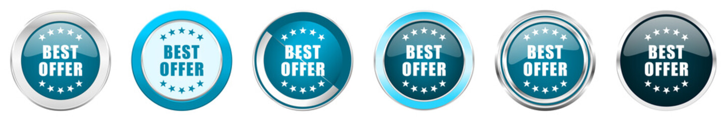 Leinwandbilder - Best offer silver metallic chrome border icons in 6 options, set of web blue round buttons isolated on white background