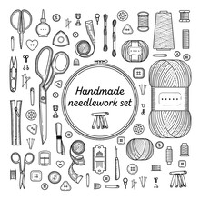 Set of sewing items monochrome color. Handmade, sewing, embroidery, needlework supplies.