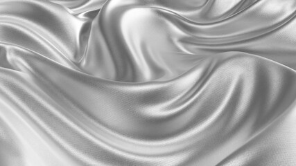 Wall Mural - Silver silk wavy fabric abstract background close up. Closeup of rippled silk fabric. Smooth elegant silver-colored silk or satin. 3d rendering.