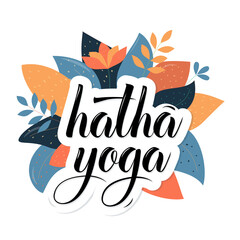 Wall Mural - Hatha yoga lettering text, Beautiful banners with green leaves and plants, isolated.