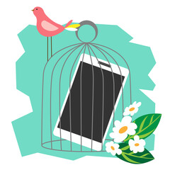 Smart phone in a cage, the bird is free. Concept digital detox, flat style.