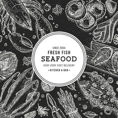 Wall Mural - sea food top view illustration. fish restaurant table background. engraved style illustration. hero 