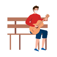 Wall Mural - young man wearing medical mask, playing guitar sitting a park chair vector illustration design