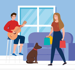 Wall Mural - couple in the house, man playing guitar and man with bags shopping vector illustration design