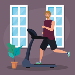 Wall Mural - sport, man running on treadmill in house, sport person at the electrical training machine vector illustration design