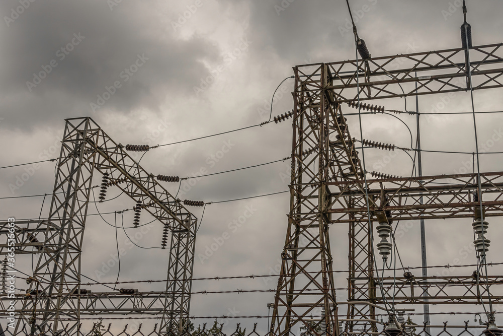High voltage transmission lines. towers, insulators in hydro electrical ...