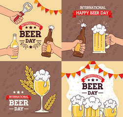 Sticker - set of banners, of international beer day, august celebration with decoration vector illustration design