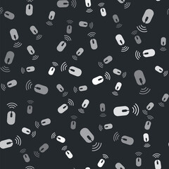 Grey Wireless computer mouse system icon isolated seamless pattern on black background. Internet of things concept with wireless connection. Vector.