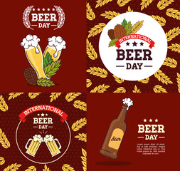 Poster - set of banners, of international beer day, august celebration with decoration vector illustration design