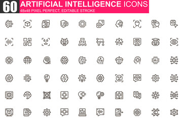 Wall Mural - Artificial intelligence thin line icon set. Machine learning outline pictograms for website and mobile app GUI. Smart technology simple UI, UX vector icons. 48x48 pixel perfect linear pictogram pack.