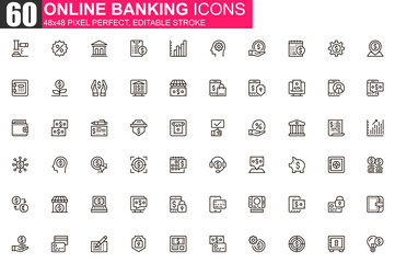 Leinwandbilder - Online banking thin line icon set. Credit card payment outline pictograms for website and mobile app GUI. Financial services simple UI, UX vector icons. 48x48 pixel perfect linear pictogram pack.