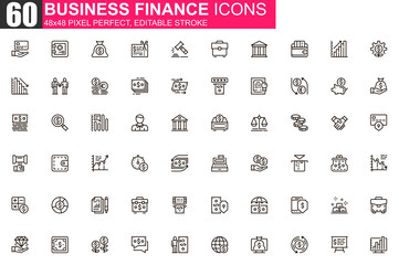 Leinwandbilder - Business finance thin line icon set. Financial accounting and audit outline pictograms for web and mobile app GUI. Online banking simple UI, UX vector icons. 48x48 pixel perfect linear pictogram pack.