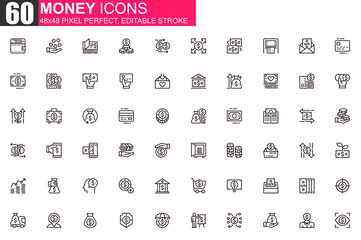 Leinwandbilder - Money thin line icon set. Money management and saving outline pictograms for website and mobile app GUI. Capital investment simple UI, UX vector icons. 48x48 pixel perfect linear pictogram pack.