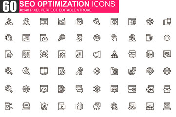 Aufkleber - SEO optimization thin line icon set. Web analytics outline pictograms for website and mobile app GUI. Search engine optimization simple UI, UX vector icons. 48x48 pixel perfect linear pictogram pack.