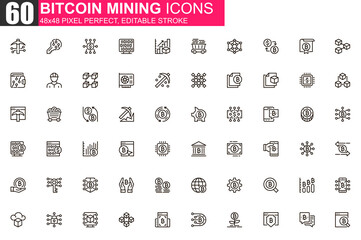 Leinwandbilder - Bitcoin mining thin line icon set. Cryptocurrency fintech outline pictograms for web and mobile app GUI. Blockchain technology simple UI, UX vector icons. 48x48 pixel perfect linear pictogram pack.