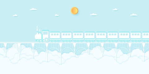Wall Mural - transportation, train running on the bridge with blue sky, paper art style