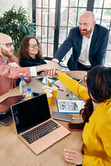 Group of joyful smiling happy people celebrate win with arms up. Mediation offer high five friendship deal achievement strike bargain good news friendly consent successful effective strategy