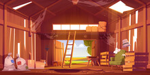Abandoned Barn Interior With Broken Furniture, Spiderweb And Destroyed Floor. Neglected Farm House, Ranch With Haystacks, Sacks, Fork And Open Gate, Old Storehouse Building Cartoon Vector Illustration