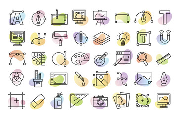 Set line icons of graphic design. Simple vector linear icons in a modern style flat. Graphic design, creative package, software.