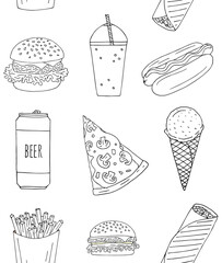 Poster - Vector seamless pattern of hand drawn doodle sketch fast food isolated on white background