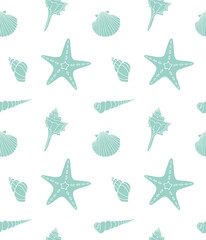 Wall Mural - Vector seamless pattern of mint hand drawn doodle sketch shell and sea stars isolated on white background