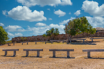 Canvas Print - Stone Benches on Mountain top Overlooking the Sea in Antigua