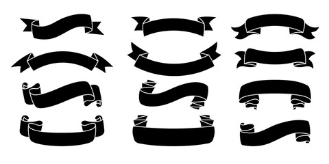 Wall Mural - ribbon hand drawn set. tape black silhouette collection, decorative icons. vintage glyph design, rib