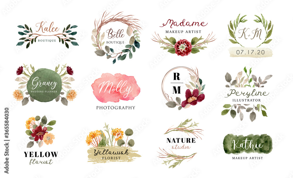 เวกเตอร์ Stock premade logo with floral and brush stroke watercolor ...
